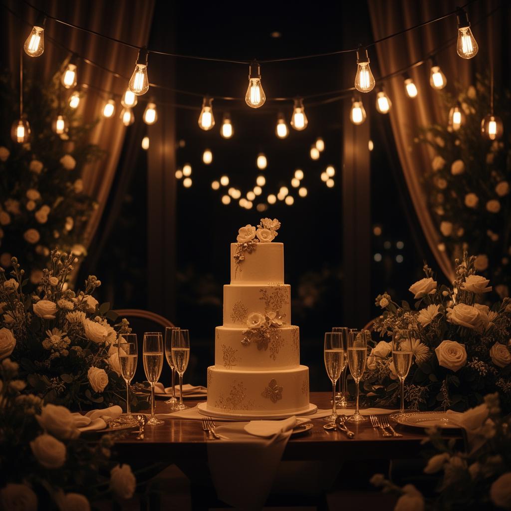 Festa sofisticada com iluminação cênica e decoração premium