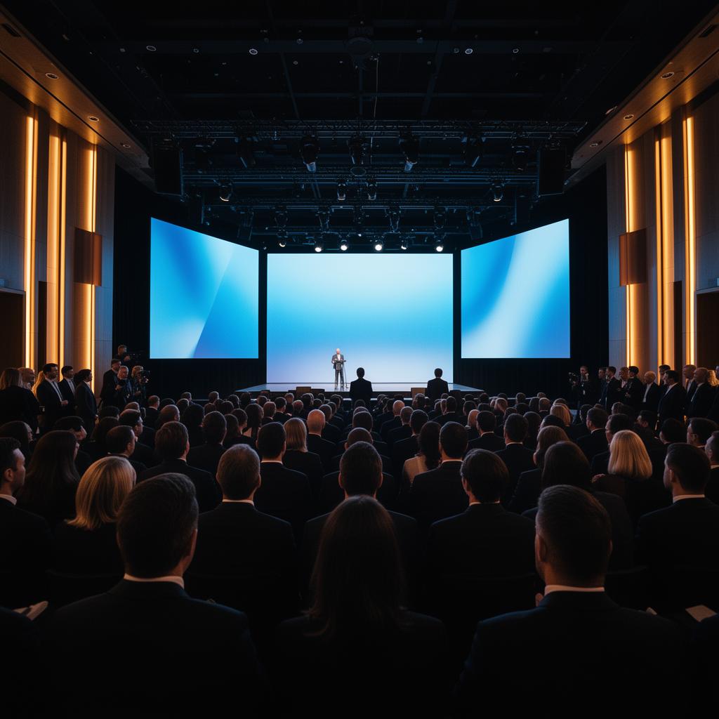 Evento corporativo elegante em auditório com palco iluminado