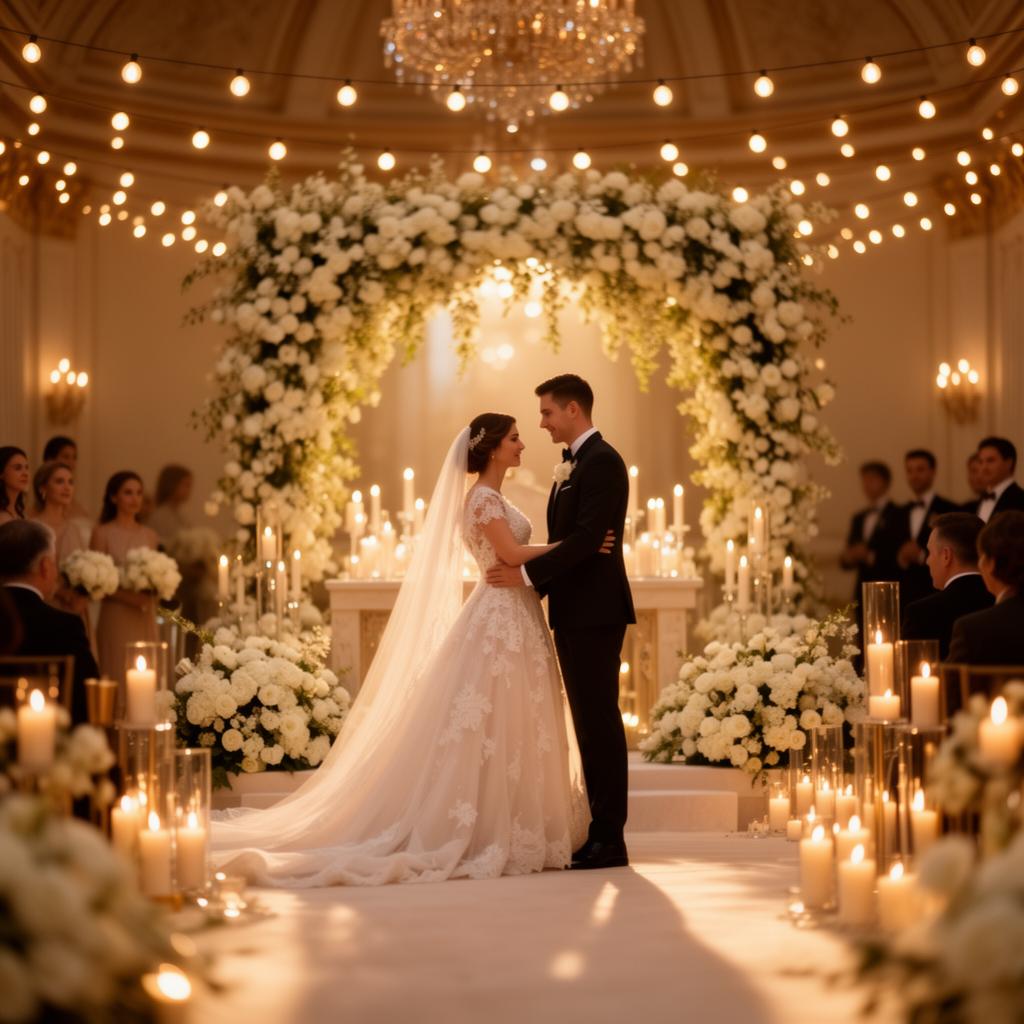 Casal em cerimônia de casamento sofisticada com flores e luzes quentes
